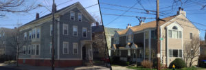 Authentic, well-crafted details on the house to the left versus fumbled and poor details on the house to the right, both Providence, RI 