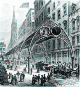 Rufus Henry Gilbert’s Elevated Railway (1870) featured air-powered elevated tubes. 